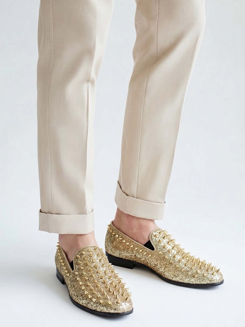 Gold Spike-Embellished Men's Slip-On Loafers